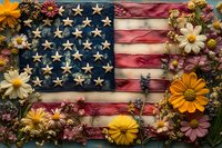 Rustic American flag decorated with autumn flowers and dried botanicals on weathered wood background for patriotic seasonal celebrations.