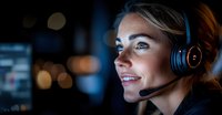 Young Caucasian female customer service representative wearing headset smiles while working at night shift in modern office with bokeh lights in background.