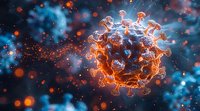 Microscopic virus cell with glowing orange spikes and protein structures against blurred blue background with bokeh lights, scientific medical visualization.