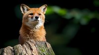 Red fox portrait with alert expression sitting on mossy tree stump against dark forest background, natural wildlife photography in warm sunlight.