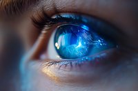 Close-up of eye with digital circuit reflection and blue technology elements, representing artificial intelligence, biometric scanning and future vision concepts.