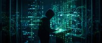Silhouette of hacker working on futuristic holographic interface with glowing green digital code and circuit patterns in dark cybersecurity environment.