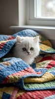 Adorable white fluffy kitten with blue eyes sitting on colorful patchwork quilt blanket near window in cozy bedroom interior for pet care concepts.