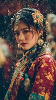 Young woman in traditional Asian ceremonial attire with ornate gold jewelry and headdress, snowflakes falling around her against dark background.