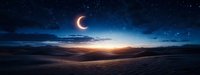 Panoramic desert landscape under starry night sky with crescent moon casting ethereal glow over sand dunes, dramatic clouds and mountain silhouettes in deep blue twilight.