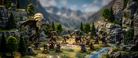 Medieval fantasy village scene with stone buildings, wooden bridges and mountain landscape backdrop for gaming and storytelling projects.