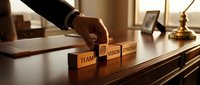 Businessman placing wooden blocks with team, vision, strategy text on office desk, symbolizing leadership, planning, and corporate success.