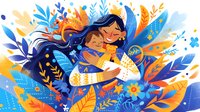 Mother and daughter with long dark hair embracing while reading book together, surrounded by magical floral elements in blue and orange watercolor style.