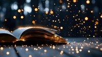 Open book with glowing magical lights and bokeh effect floating around pages against dark background, creating mystical reading atmosphere.