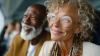 Happy mature blonde woman with glasses smiling warmly while African American man laughs in background. Joyful senior couple expressing genuine happiness and connection.