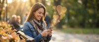 Young woman texting on smartphone in autumn park with golden bokeh lights, casual denim jacket and scarf, warm sunlight creating romantic atmosphere.
