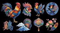 Rooster illustrations in vibrant colors isolated on transparent background. Ready for t-shirt design, clipart, stickers, sublimation, print-on-demand products and digital crafts.
