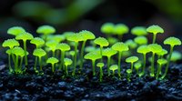 Luminescent mushrooms glowing in dark forest soil, tiny umbrella-shaped caps with delicate stems creating magical woodland atmosphere. Nature macro photography.