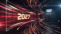 Golden neon 2027 text glowing in futuristic digital tunnel with red and gold light streaks, perfect for New Year countdown, tech events, and forward-looking marketing campaigns.