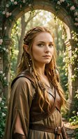 Young woman with reddish-blonde hair in braids, fair complexion, wearing medieval-style brown tunic and leather belt, standing in stone archway covered with flowering vines and ivy, looking contemplative toward camera in fantasy garden setting.