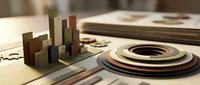Paper craft business analytics scene with bar charts and circular diagrams on a desk, warm tones, financial data visualization concept.