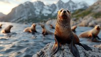 Curious sea lion on rocky shore at sunset, group of seals resting in background against mountain landscape, golden hour nature wildlife photography.