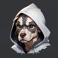 Stylized portrait of serious husky dog character wearing white hoodie against dark background, digital art style with detailed facial features and expressive eyes.