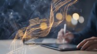 Digital transformation concept with glowing data streams flowing over businessman using tablet device for modern technology solutions and connectivity.