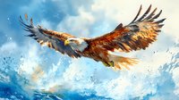 Majestic eagle soaring through cloudy blue sky, wings spread wide against dramatic watercolor backdrop, displaying power and freedom in artistic interpretation.