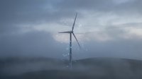 Wind turbine with glowing particles in misty mountain landscape, representing renewable energy and sustainable power generation technology.