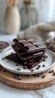Dark chocolate bars stacked on ceramic plate with chocolate chips scattered around, creating gourmet dessert composition in soft neutral setting.