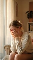 Young blonde woman covering face with hands showing stress depression anxiety sitting on couch in warm living room interior mental health concept.