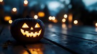 Glowing carved pumpkin with classic jack o'lantern face on dark wooden surface at dusk, illuminated by warm bokeh lights creating spooky Halloween atmosphere.