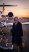 Mature woman in business attire standing on airport tarmac at sunset with private jet behind her, holding leather briefcase, professional travel and corporate lifestyle concept.