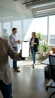 Business professional holding blank smartphone screen in modern office with colleagues discussing in background during corporate meeting.