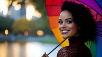 Young African American woman with natural curly hair smiling under colorful rainbow umbrella at sunset, expressing joy and confidence against blurred bokeh background.