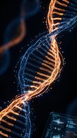 Glowing DNA double helix with orange and blue illuminated strands against dark background, representing genetic research, biotechnology, and scientific innovation for medical and educational use.