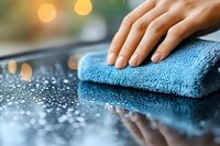 Hand cleaning wet surface with blue microfiber cloth removing water droplets from dark countertop in bright kitchen with bokeh lights background.