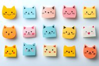 Colorful cat faces pattern with cute expressions in pastel yellow, pink, blue and orange tones arranged on white background. Kawaii style design elements.