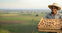 Mature male farmer of African descent holding wooden crate filled with fresh eggs, standing in front of expansive agricultural farmland during golden hour, wearing straw hat and work shirt for farming, agriculture, and rural lifestyle content.