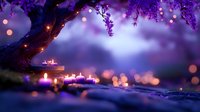 Magical evening scene with glowing candles under purple wisteria tree branches, soft bokeh lights creating dreamy atmosphere against twilight sky.