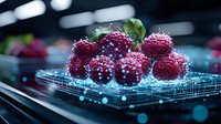 Fresh red raspberries with water drops on futuristic digital surface, glowing blue grid lines and bokeh effects create modern technological food concept.