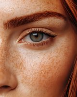 Close-up of green eye with natural freckles on fair skin, showing detailed eyelashes and defined eyebrow. Macro beauty photography highlighting natural features.