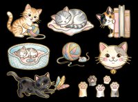 Cute cat sticker set with kittens, paws, yarn ball, and toys, isolated on transparent background. Great for t-shirt design, clipart, print on demand, and stickers.
