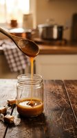 Golden caramel sauce dripping from wooden spoon into glass jar on rustic kitchen table with homemade confectionery and cooking utensils in background.