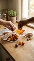 Two people with different skin tones arranging fresh vegetables and nuts on a wooden table near a sunny window, selecting healthy food options for meal planning and nutrition.