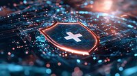 Glowing medical shield with cross symbol on digital circuit background with blue bokeh lights, representing healthcare data protection and cybersecurity concept.