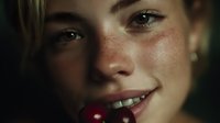 Young woman with freckles and natural makeup biting red cherry, close-up portrait showing healthy skin and playful expression for lifestyle content.