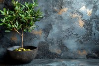 Fresh green olive tree branch with olives in rustic bowl against textured dark wall with golden accents, moody food photography composition.