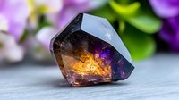 Raw ametrine crystal with purple and golden yellow zones on wooden surface against blurred floral background, displaying natural mineral formation and color zoning.