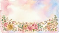 Watercolor floral border with pink and golden roses, hearts, and greenery on soft pastel background. Isolated design element for wedding invitations, greeting cards, and decorative projects.