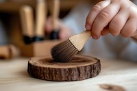 Hand applying wood stain with brush to tree log slice for finishing woodworking project on wooden surface.