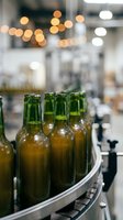 Filled beer bottles moving along conveyor belt in brewery production facility with warm bokeh lights and industrial background.