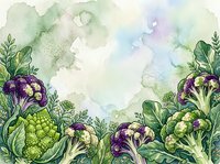 Watercolor illustration of fresh purple and green cauliflower with leafy vegetables arranged at bottom border, isolated on white background with soft pastel wash, suitable for culinary designs and food packaging.