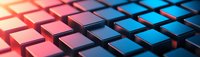 Colorful illuminated keyboard buttons in red and blue gradient lighting creating modern gaming or technology atmosphere on black background.